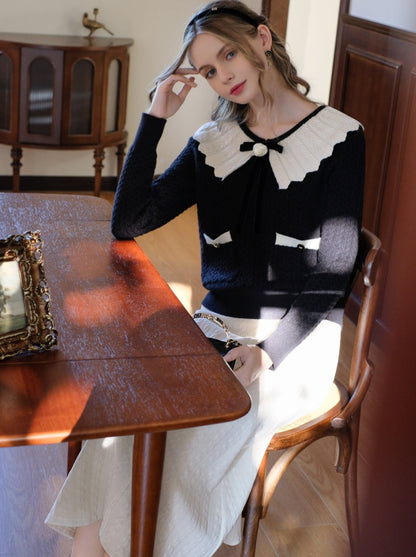 French Color Block Wave Lapel Ribbon Retro Sweater Cardigan