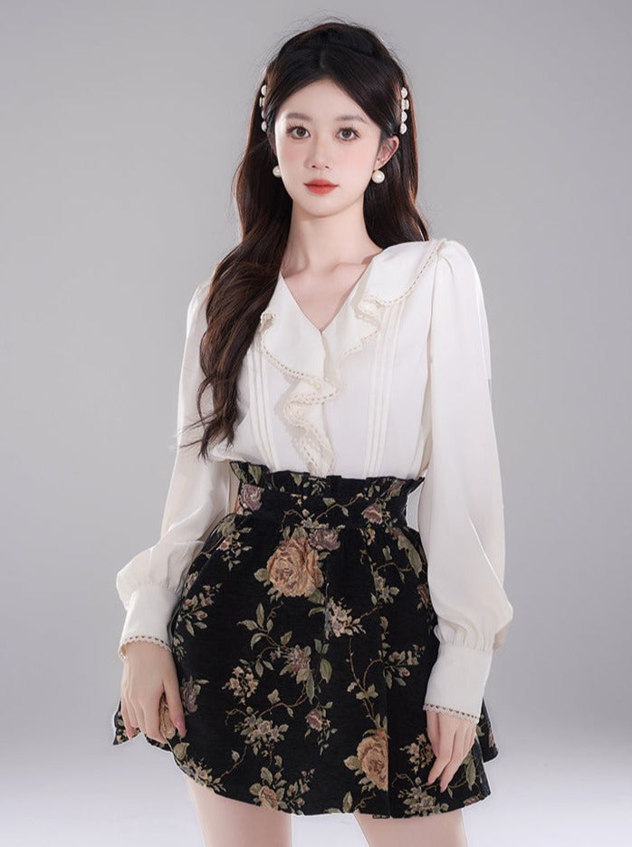 French Style Ruffle Collar Shirt + Retro Flared Skirt