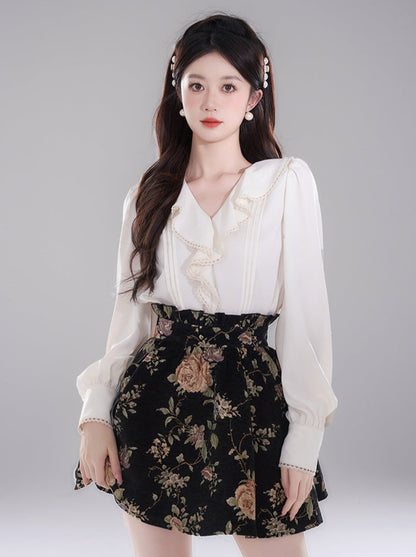 French Style Ruffle Collar Shirt + Retro Flared Skirt