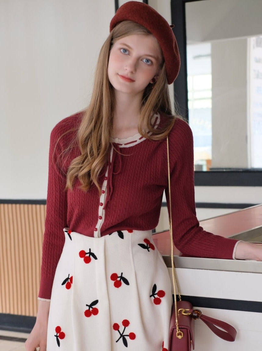 Slim Knit + Cherry Girl French Retro Skirt