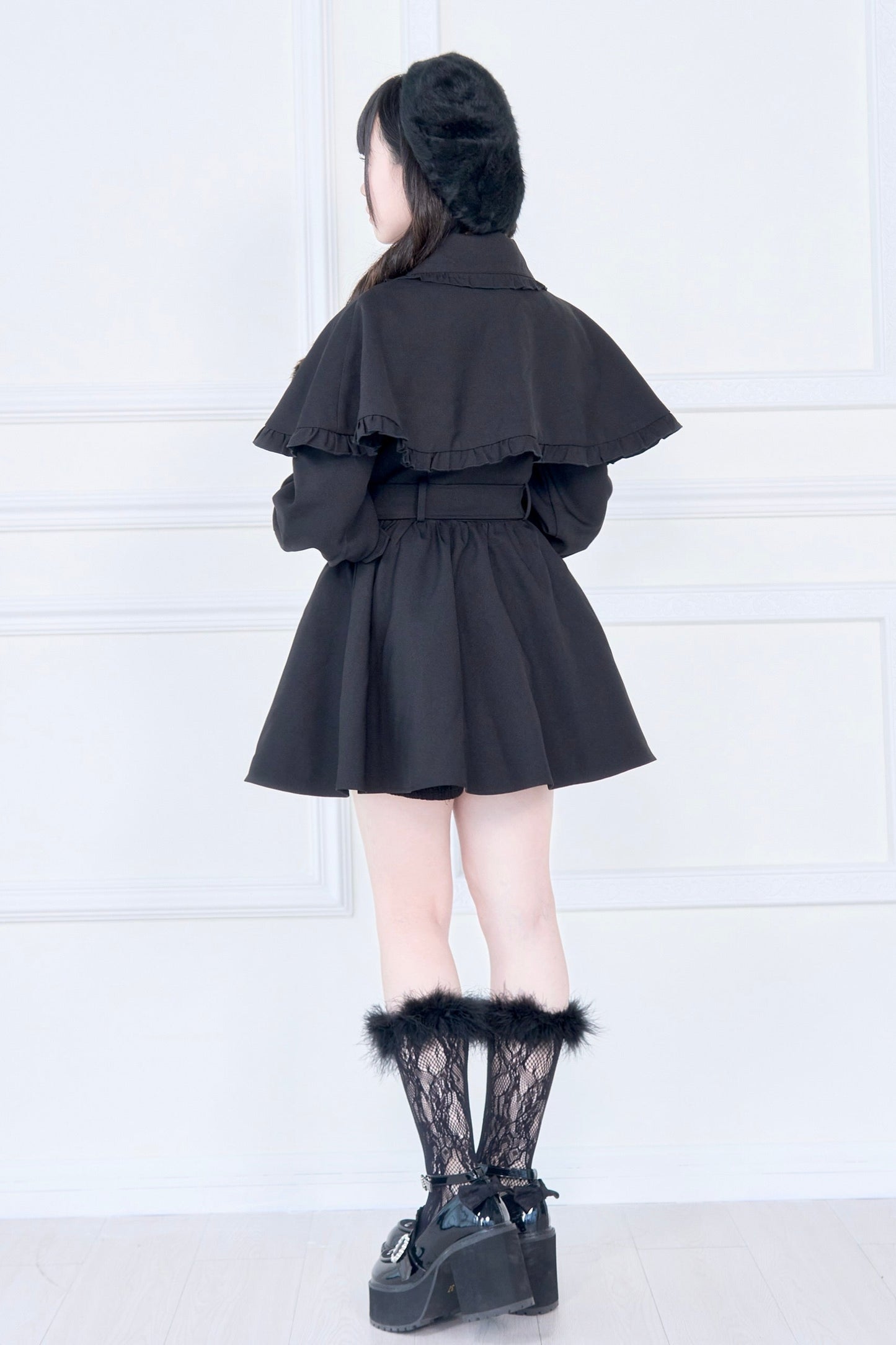 【予約商品】チェックアンドブラックケープショートトレンチクラウンリボンコート