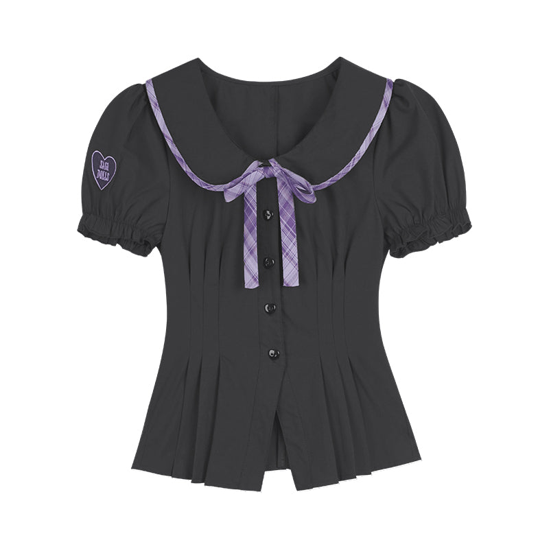 Black Purple Puff Sleeve Waist Shirt