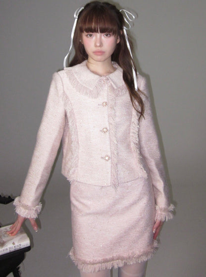 Fragrance Girly Pink Sequined Jacket + Raw Edge Skirt