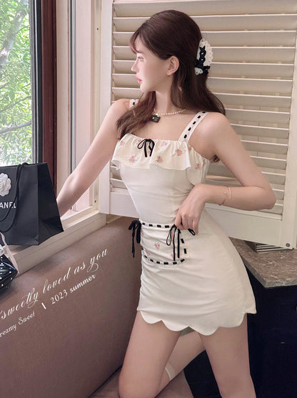 Summer Rose Garden Embroidered Sweet Suspender Top Skirt Set