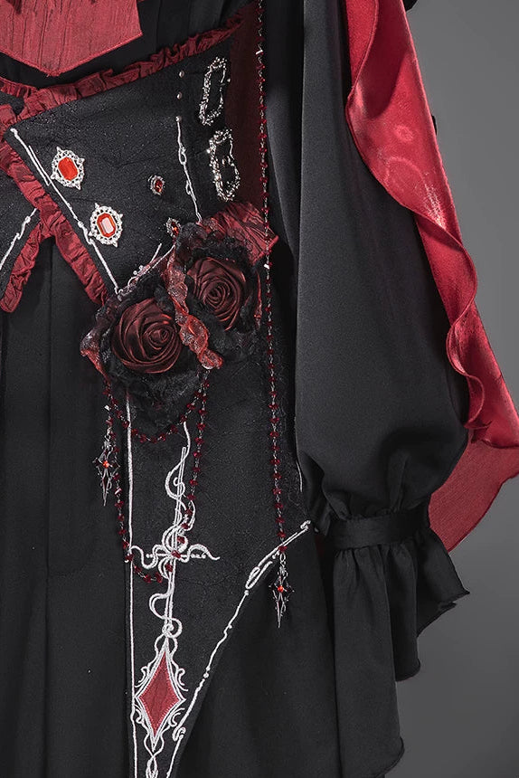 【10月8日予約締切】Ouji Fashion Black Red Gothic Ruffle Prince Lolita Full Set(Jewel Chain Ruffle Jabot Shirt + Rose Accessory Gothic Embroidered Corset Belt + Black Wide-Leg Pants + Rose Beaded One-Shoulder Cape)
