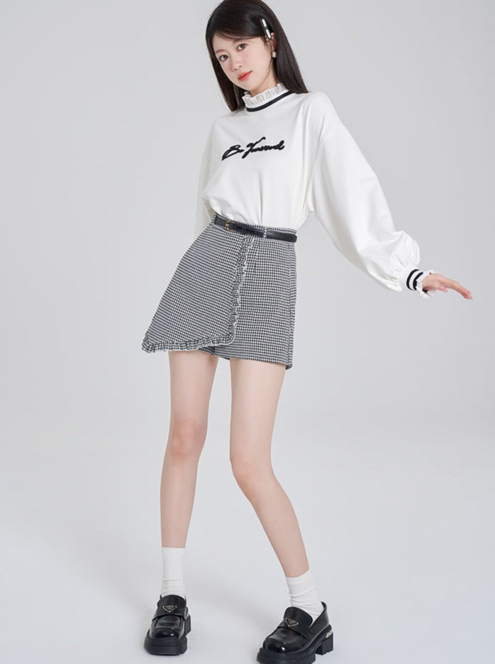 Lace Stand Collar Sweat Top + Asymmetrical Check Skirt