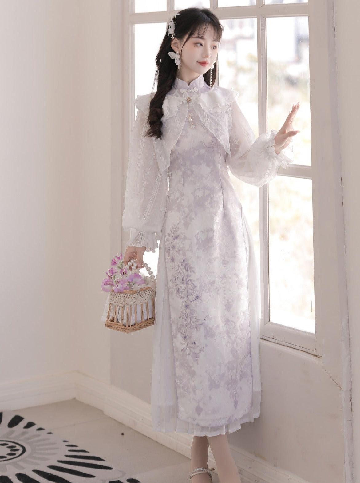 Sheer Cardigan + Flower Cheongsam Dress + Pleated Skirt – Belchic