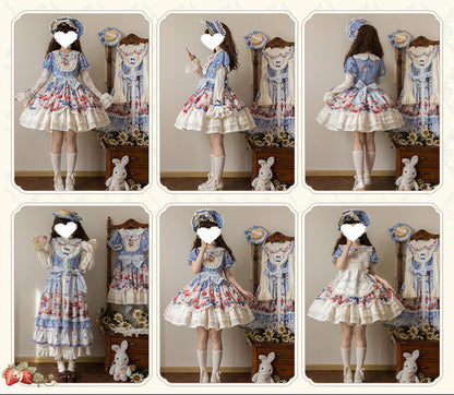 Rabbit Berry Embroidery Print Dress + Bonnet + Hat