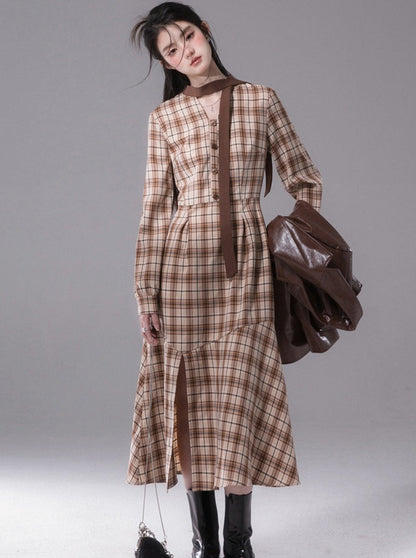 Maple Sugar Check Slit Fishtail Dress