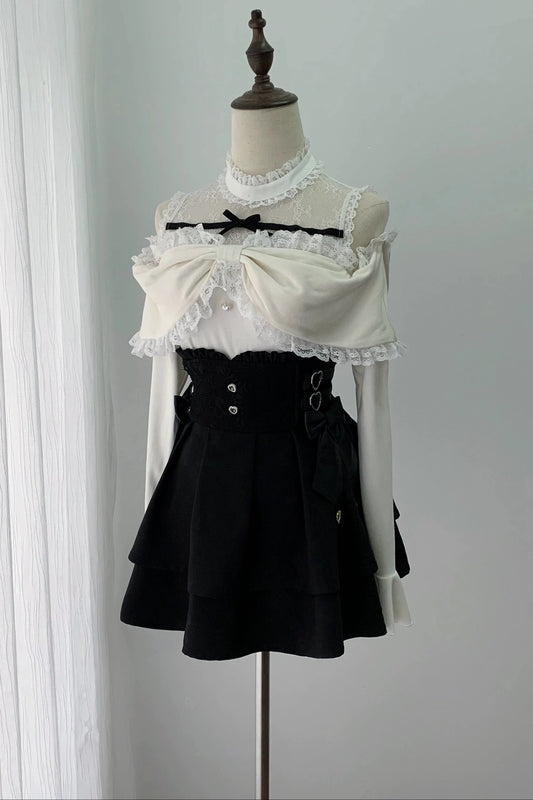 [Pre-order Deadline: October 15] Romantic White Bow Sheer Lace Off-Shoulder Knit Top + Black Bow Lace Layered Mini Skirt
