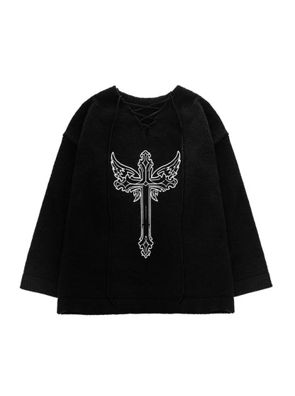 Rubber Printed Wing Cross Strap Neck Loose Dark Style Pullover Sweater