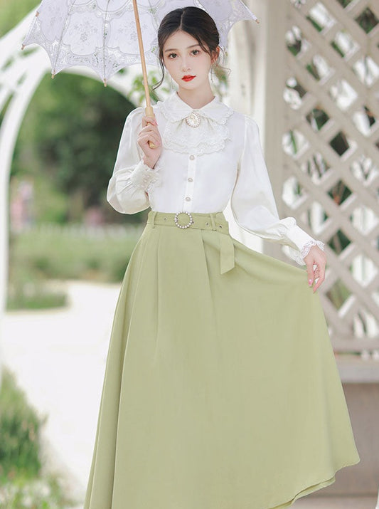 French Style Shirt + Green Long Skirt