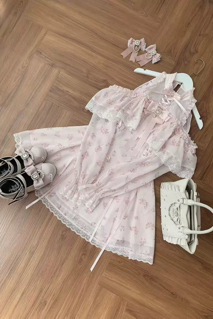 【8月30日予約締切】Pink floral chiffon lace jewel ribbon open shoulder long sleeve dress (short length/long length)