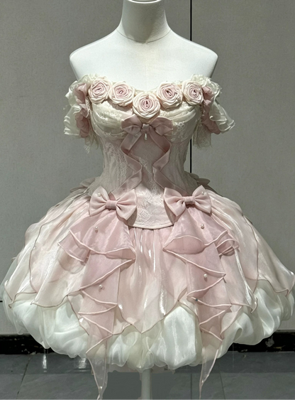 【9月6日予約締切】Romantic Rose Ballet Lolita Bow Lace Corset Bustier＋Layered Ruffle Bow Bubble Skirt + Bow Train（Set1/2）