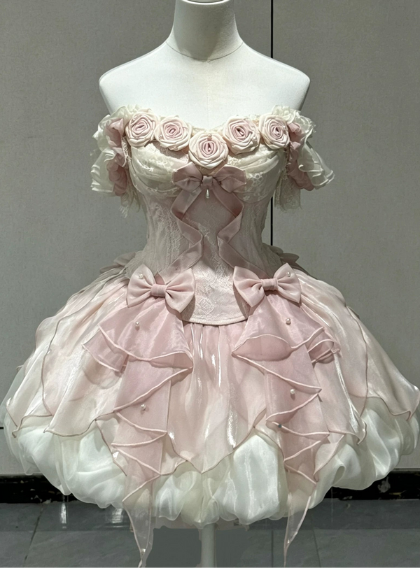 【9月6日予約締切】Romantic Rose Ballet Lolita Bow Lace Corset Bustier＋Layered Ruffle Bow Bubble Skirt + Bow Train（Set1/2）