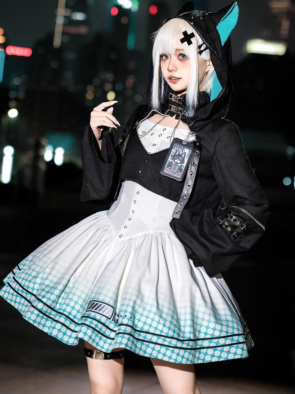 【予約商品】デイリーゴシックレトロパンクスタイルフードジャケット＋プリーツサスペンダースカート