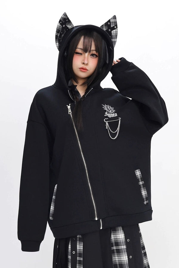 Cat Fleece Double Zipper Hooded Parka