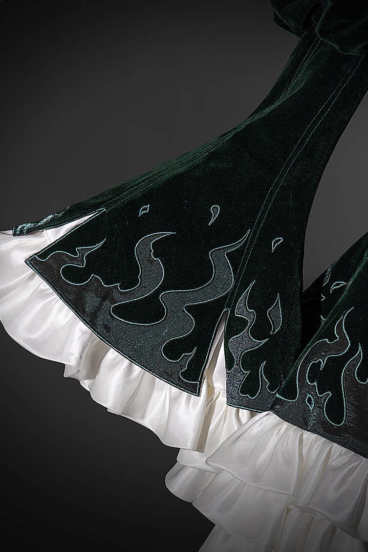 [Pre-order] Dark Green x Red Gothic Prince Velvet Flame 3D Chain Detail Ruffle Lolita Dress