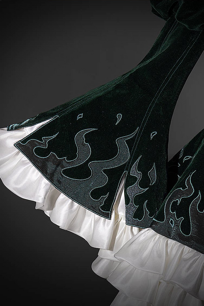 [Pre-order] Dark Green x Red Gothic Prince Velvet Flame 3D Chain Detail Ruffle Lolita Dress
