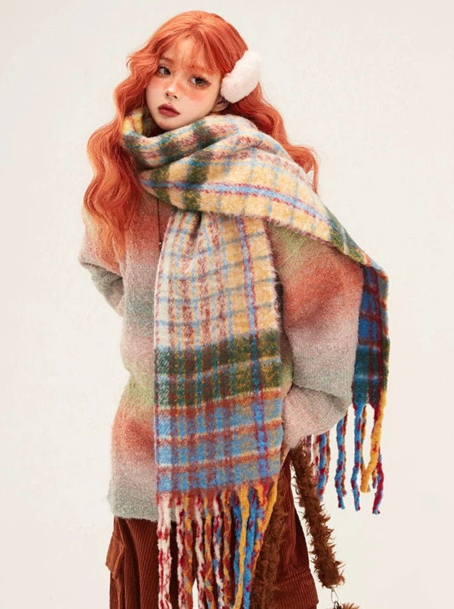 Mohair Rainbow Check Tassel Long Scarf