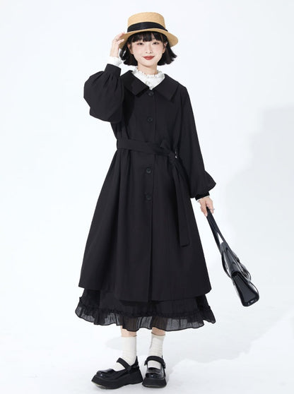 Mid Length Loose Retro Lace Lantern Sleeve Coat