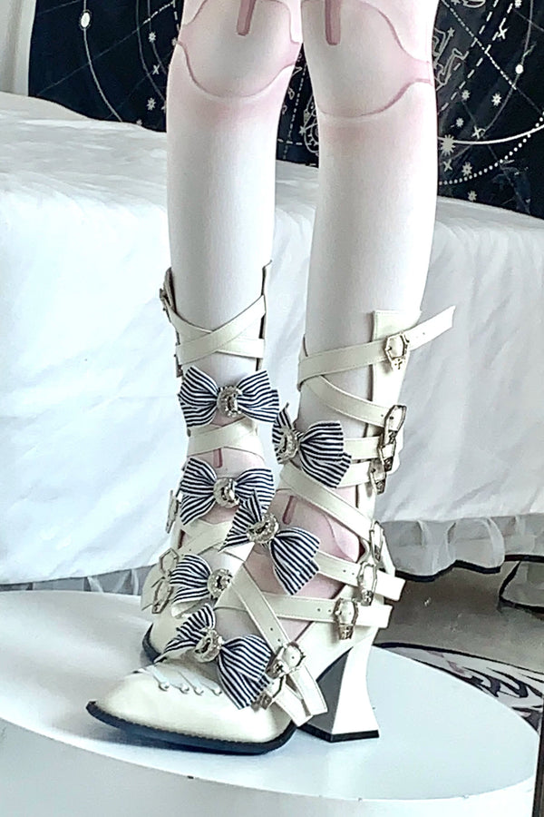 [Pre-order Deadline: July 12] Gothic Cross Buckle Strap Pointed-Toe Boots (with Striped Ribbon)