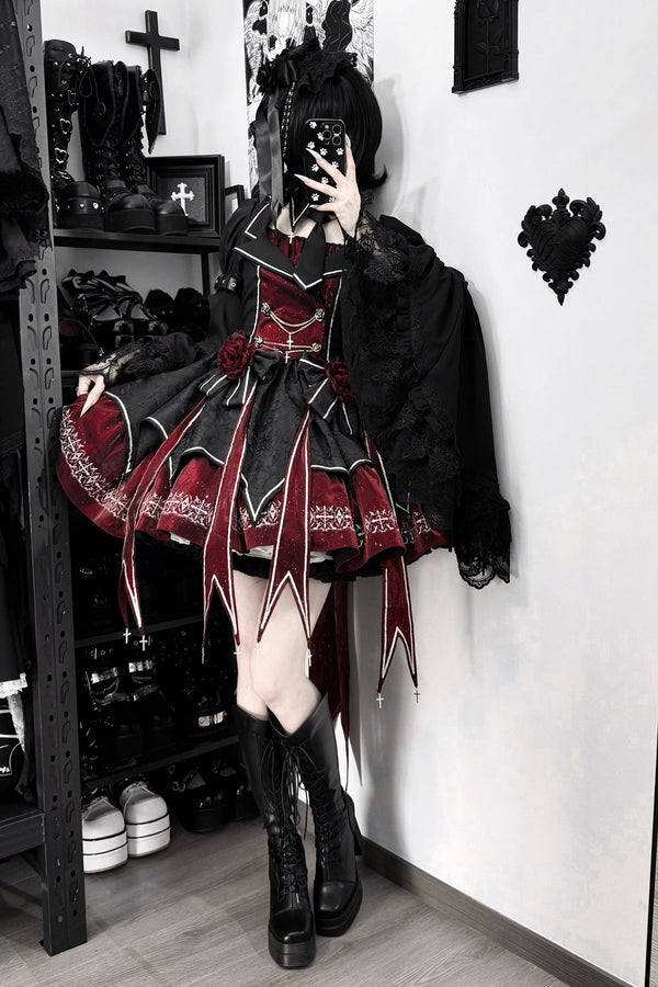 [Pre-order Deadline: April 11] Blue Red Noir Dark Gothic Lolita Jacket Dress Princess Sleeve Full Set + Matching Set