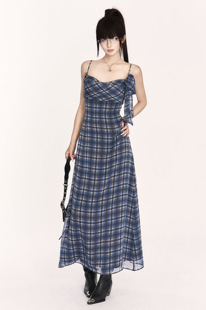 Chic French Resort Plaid Halter Maxi Dress