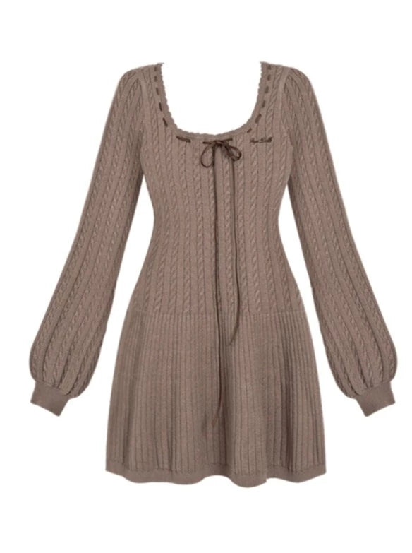 Balloon Sleeve Brown Knit Dress
