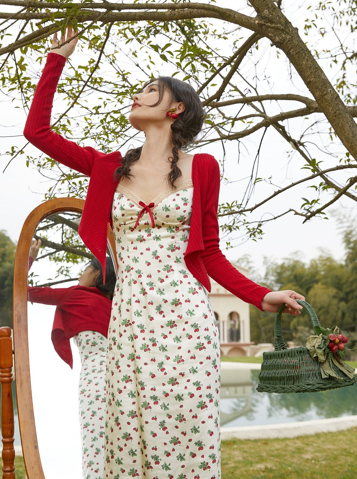 Short ribbon cardigan + strawberry dress