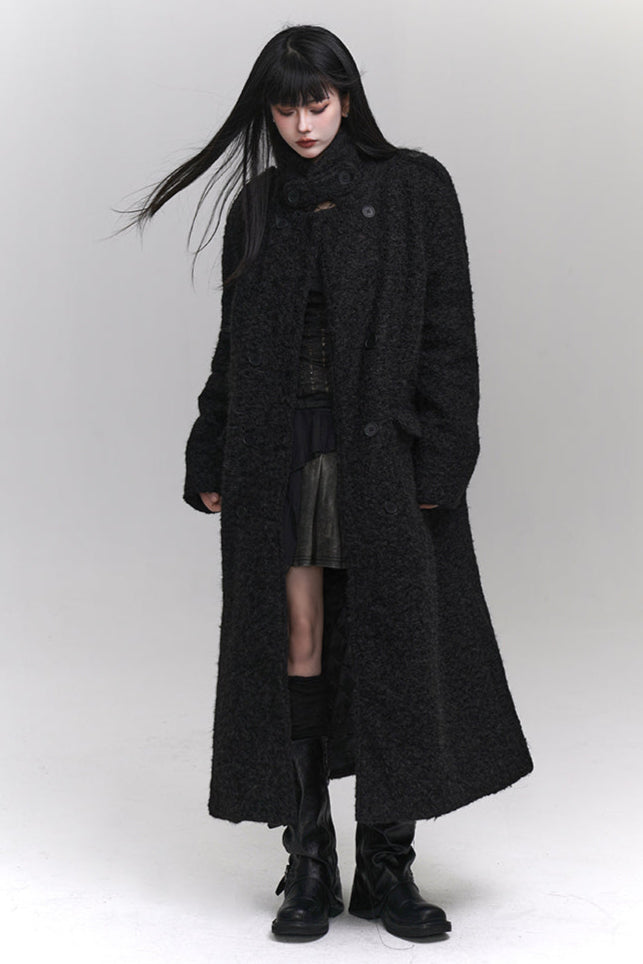 High neck mode dark long wool coat