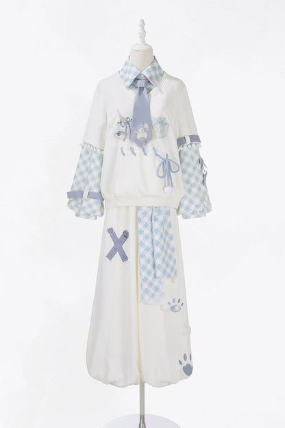 デジタルチェックトップス+ワイドパンツ+ベルト+ネクタイ