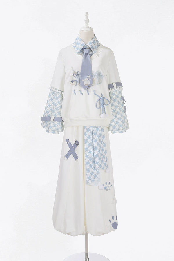 デジタルチェックトップス+ワイドパンツ+ベルト+ネクタイ