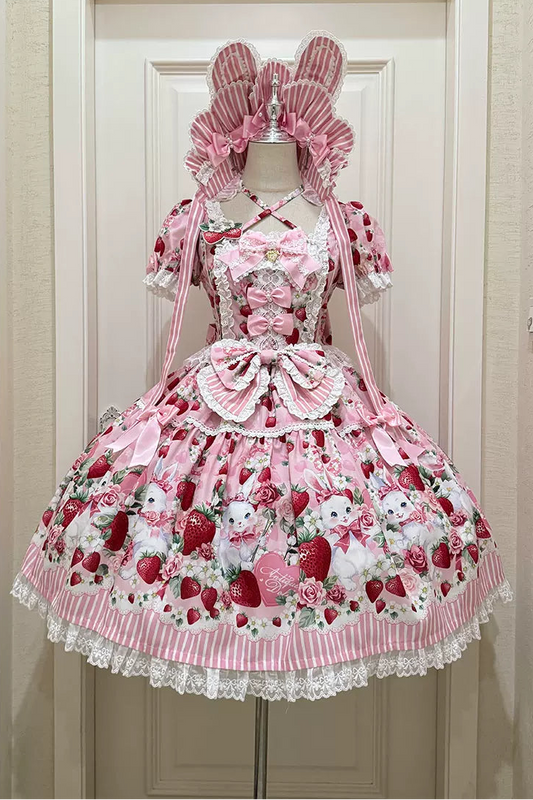 【4月29日予約締切】ストロベリーラビットプリントレースリボンスウィートドレス＋コンプリートセット