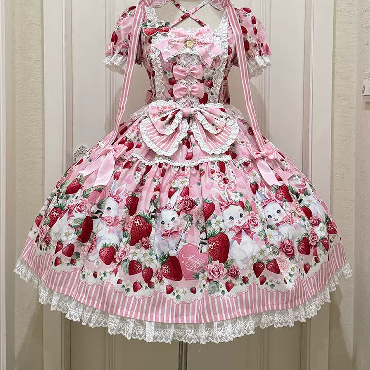 [Pre-order Deadline: April 29] Strawberry Rabbit Print Lace Ribbon Sweet Dress + Complete Set