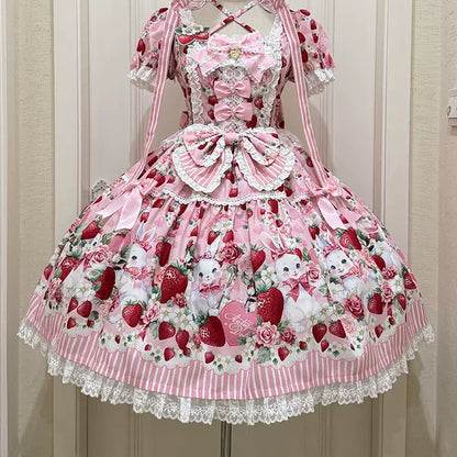 [Pre-order Deadline: April 29] Strawberry Rabbit Print Lace Ribbon Sweet Dress + Complete Set