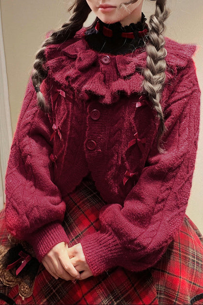 Ruffle Ribbon Lantern Sleeve Knit Cardigan