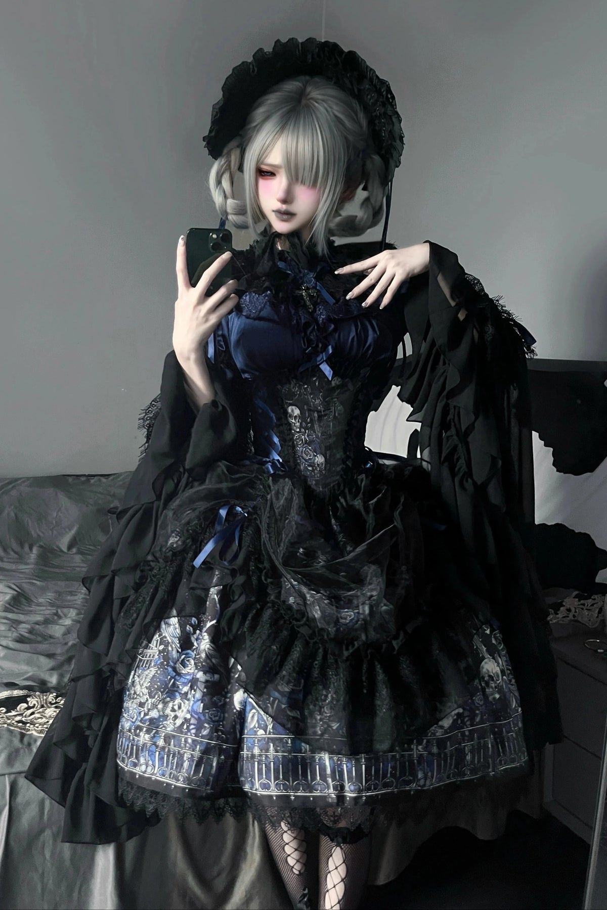 【11月25日予約締切】Gothic Lolita Frill Lace Puff Sleeve Satin Shirt + Skeleton Lace Layered Corset Skirt + Detachable Bell Sleeves + Bonnet Set