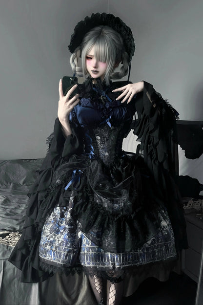 【11月25日予約締切】Gothic Lolita Frill Lace Puff Sleeve Satin Shirt + Skeleton Lace Layered Corset Skirt + Detachable Bell Sleeves + Bonnet Set