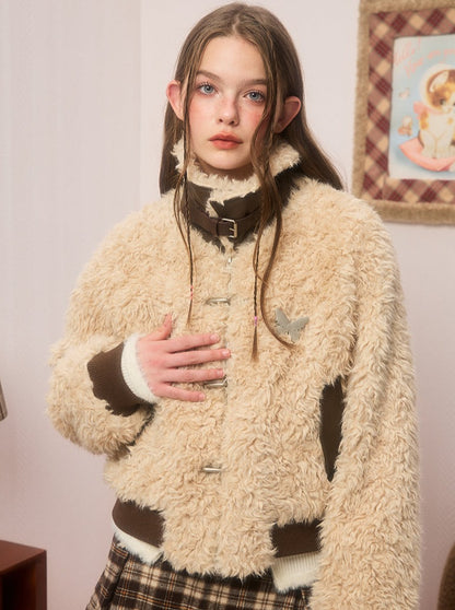 Neck Belt Lapel Lamb Wool Short Boa Coat