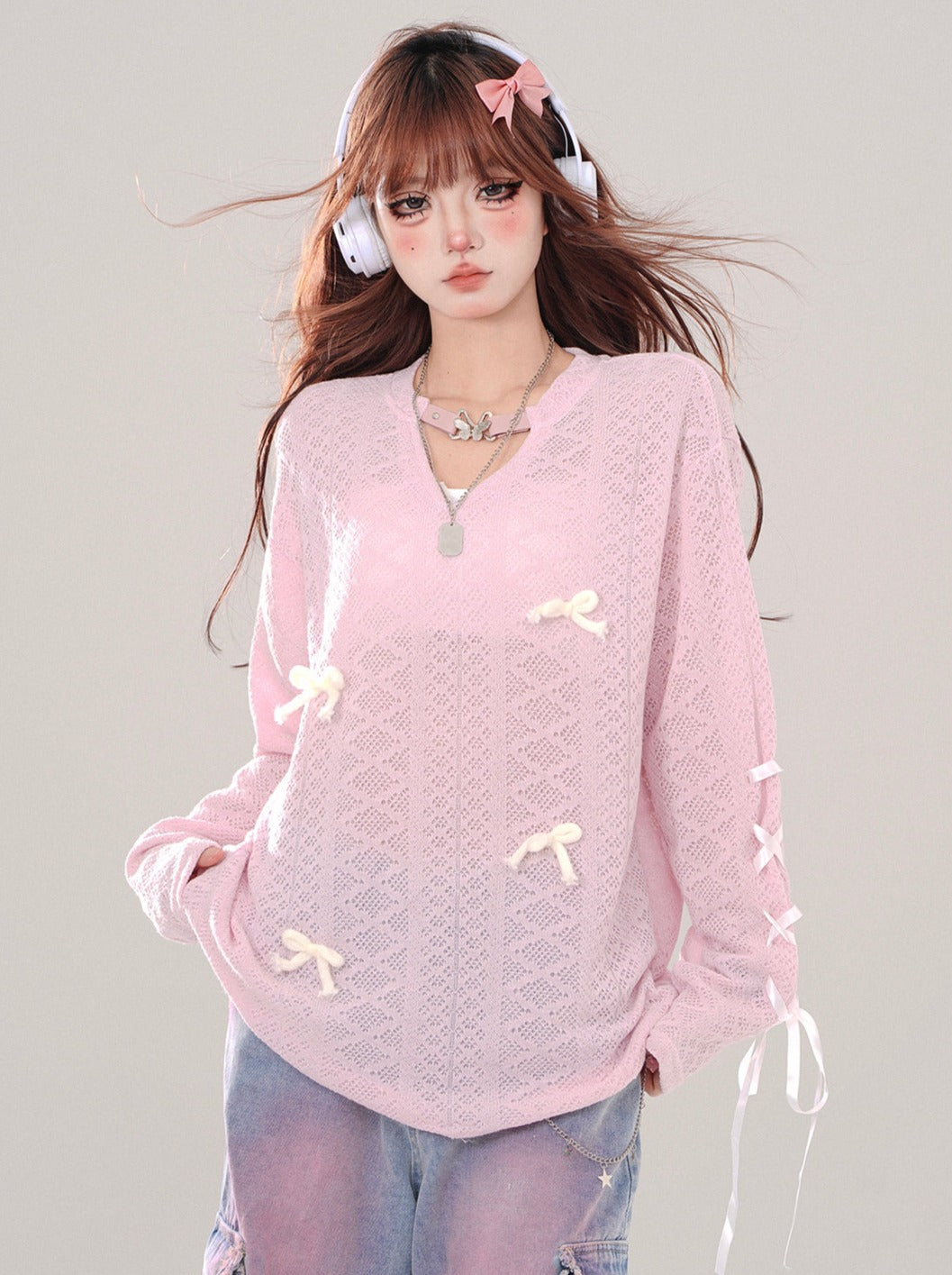 Mesh Loose Sweet Ribbon Top