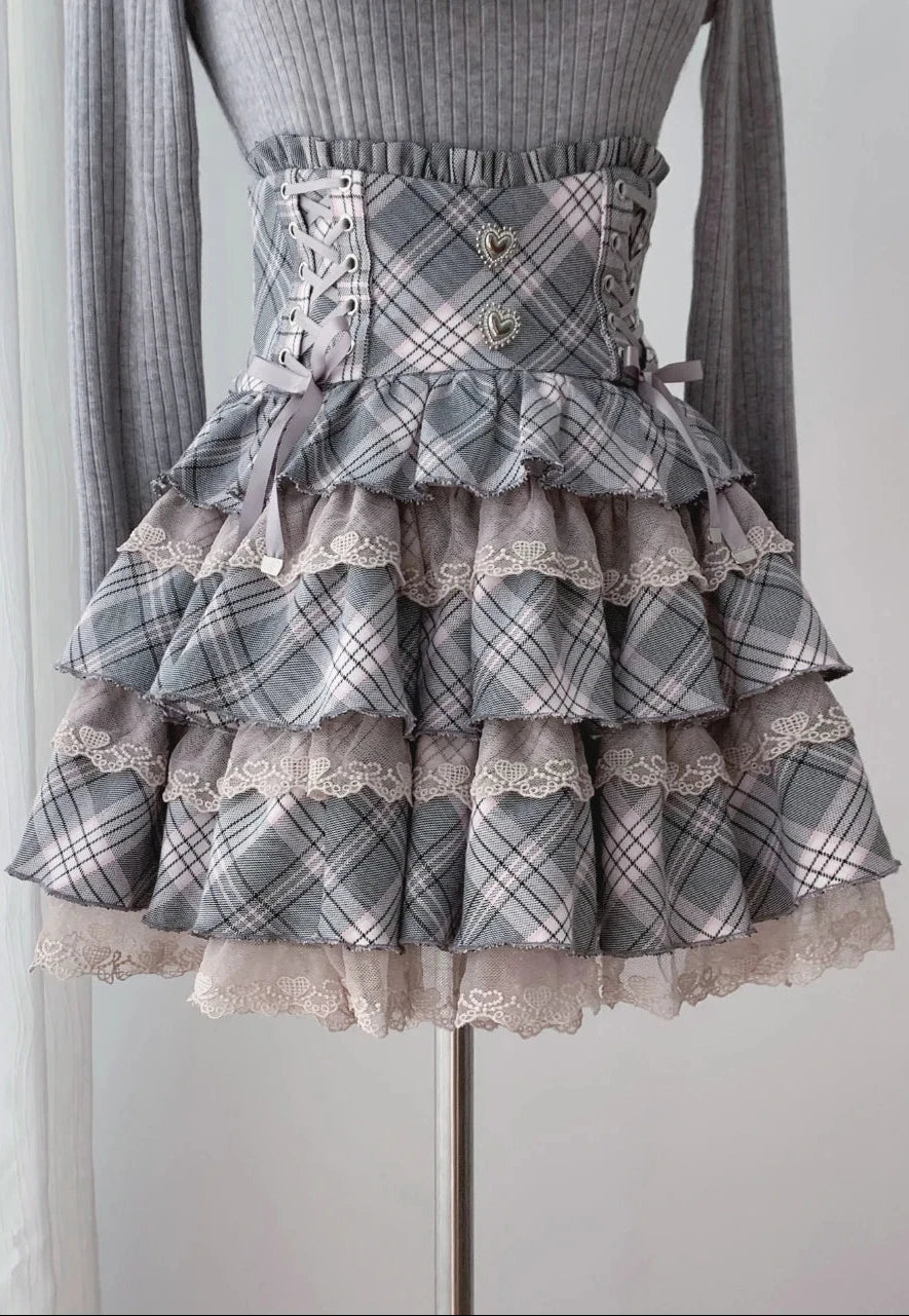 [Pre-order Deadline: October 15] Grey Pink Lace Trim Square Neck Choker Design Knit Top + Lace Trim Plaid Tiered Skirt