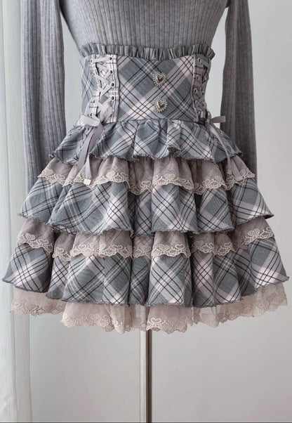 [Pre-order Deadline: October 15] Grey Pink Lace Trim Square Neck Choker Design Knit Top + Lace Trim Plaid Tiered Skirt