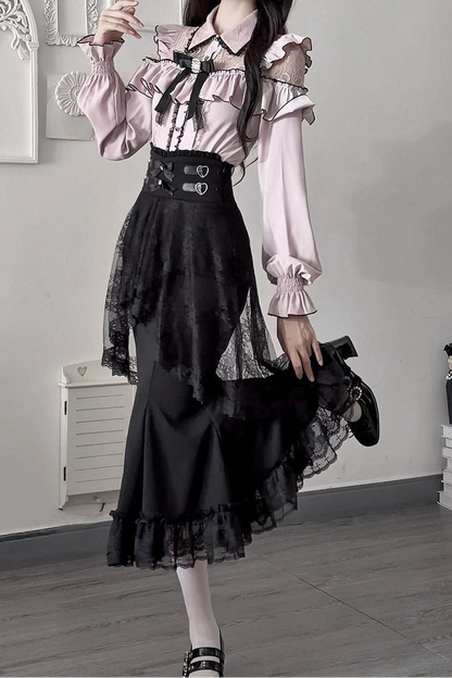 [Termine prenotazione 29 settembre] Blusa rosa in pizzo trasparente con volant e fiocco gioiello + gonna a sirena in tulle a strati + minigonna in pizzo con fiocco gioiello