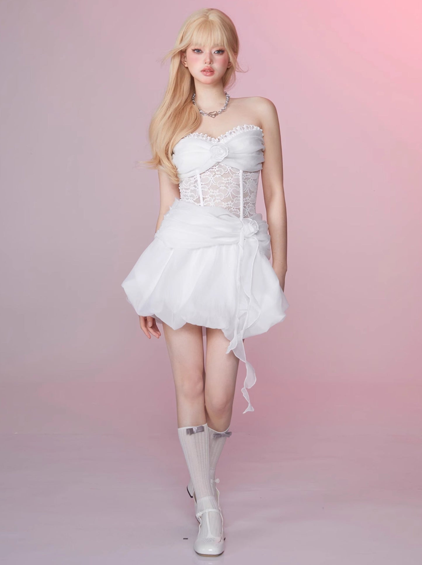 Swan Lace Princess Fluffy Mesh Bustier Dress