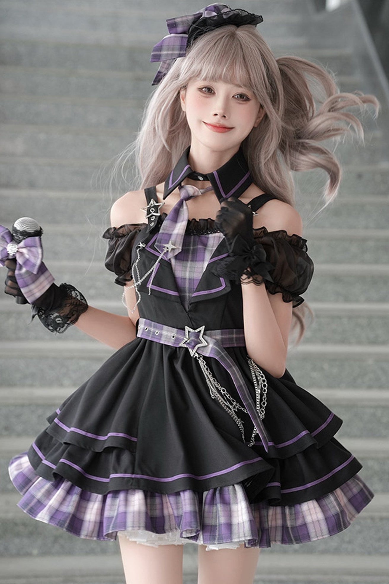 パープル×ブラック ロリータドレス キラキラ ダークアイドルチェックロリータドレス+レッグウォーマー – Belchic
