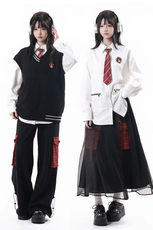 대학 니트 조끼 + 셔츠 + 롱 스커트 + 바지 + 넥타이