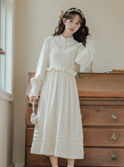 Milk Ruffle Flared Long Dress + Garden Cardigan