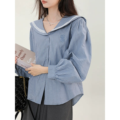 Stylish retro gray boa short jacket + blue striped sailor shirt + gray long skirt