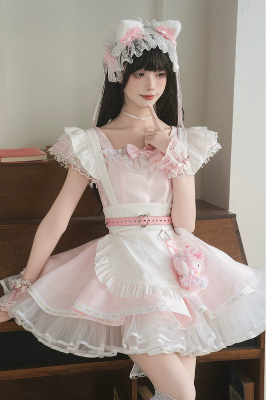 Süßes Engelsspitzenkleid + Schürze + Schwanz